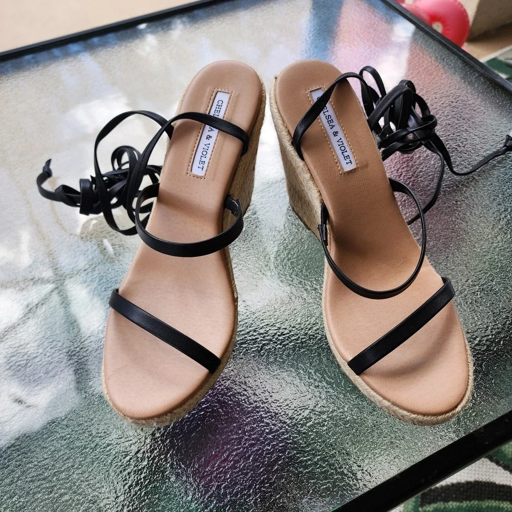 Chelsea and Violet Mariah Black Wrap‎ Espadrille Sandals Women's Size9